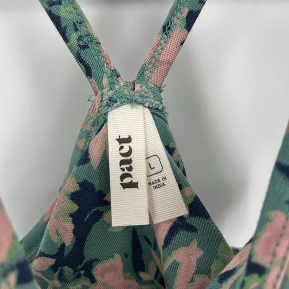 PACT Green Pink Floral Fit & Flare Racerback Summer Fall Midi Dress Size Large - Picture 9 of 10